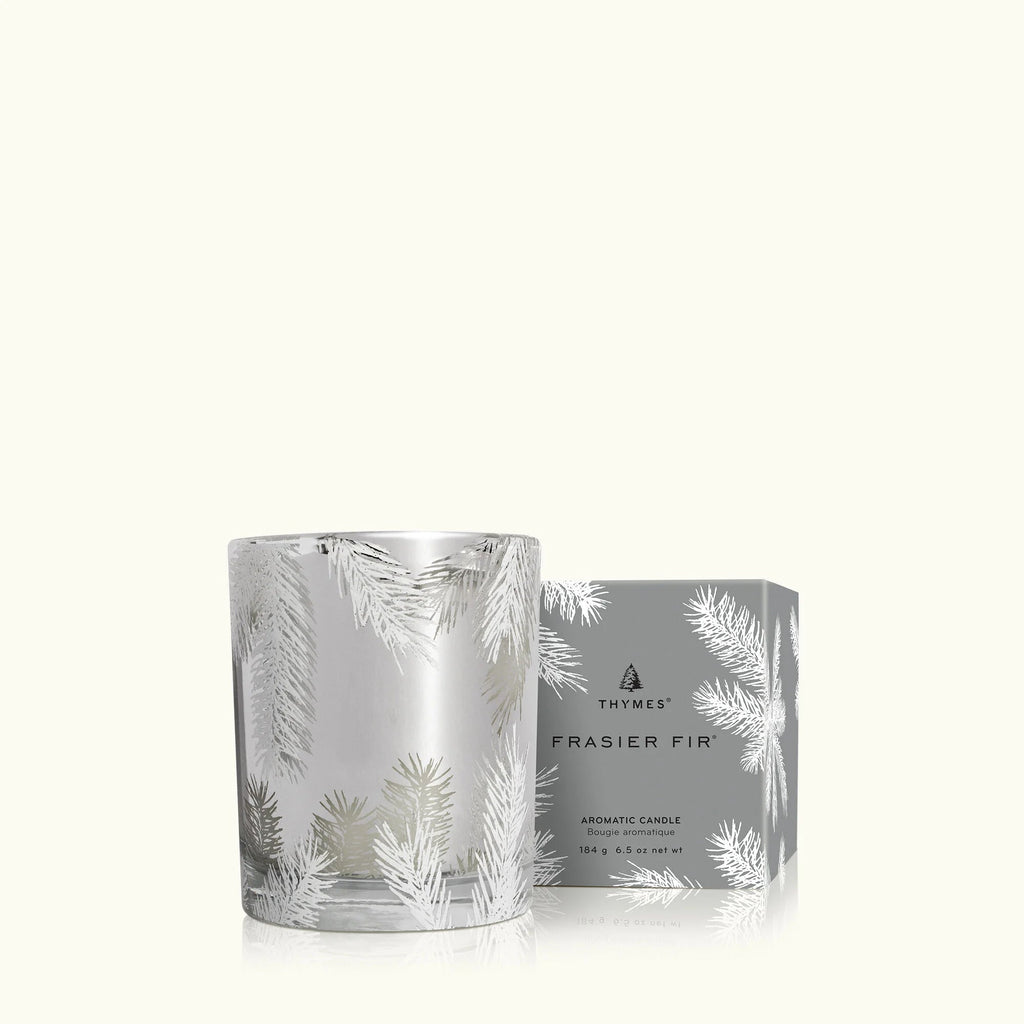 Thymes Frasier Fir Statement Candle 6.5 Oz Silver Pine Needle Design - Digs  N Gifts